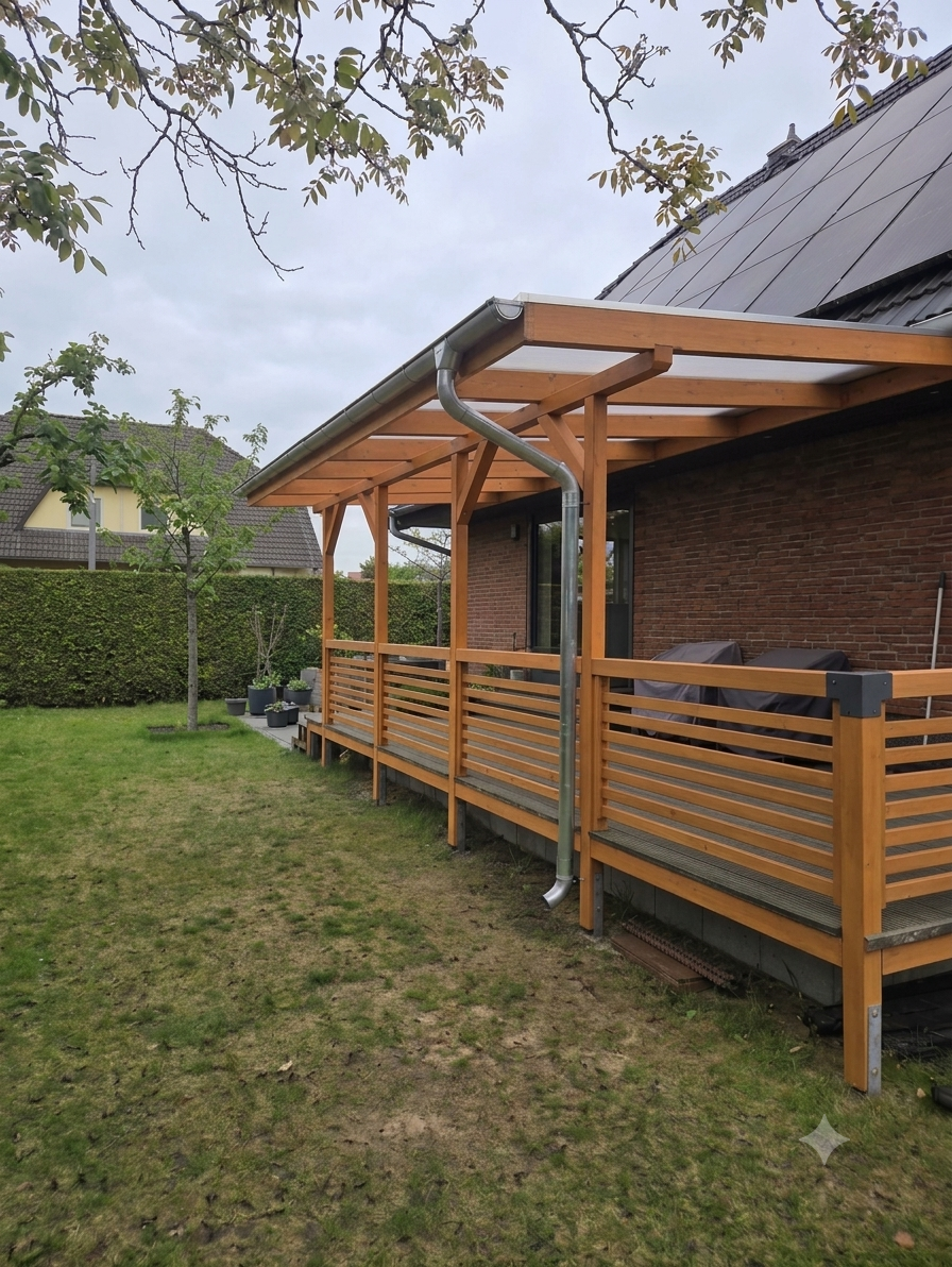 Holz-Terrassenüberdachung mit lichtdurchlässiger Dacheindeckung und Entwässerung an einem Wohnhaus